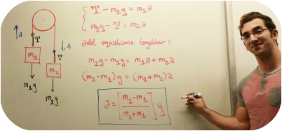 Trevor Kafka in front of a whiteboard with equations and a physics diagram.